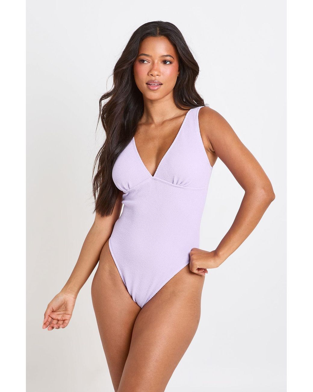 Boohoo White Textured Plunge Neck Swimsuit