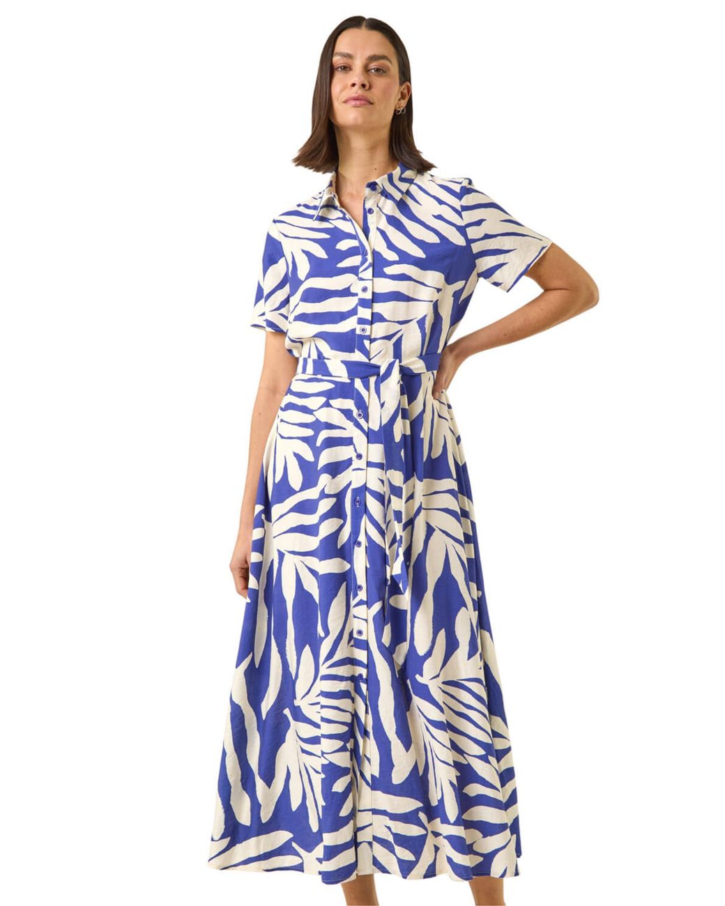 Roman Blue Leaf Print Belted Midi Shirt Dress