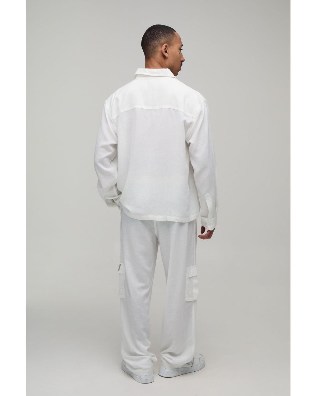 BoohooMAN Gray Linen Regular Cargo Shirt & Relaxed Trouser Set for men