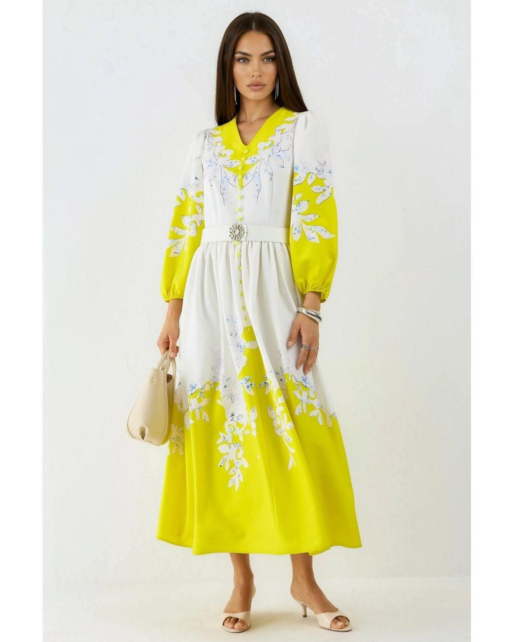 Msn-Collection Yellow Floral Maxi Dress With V-Neck And Button Detail