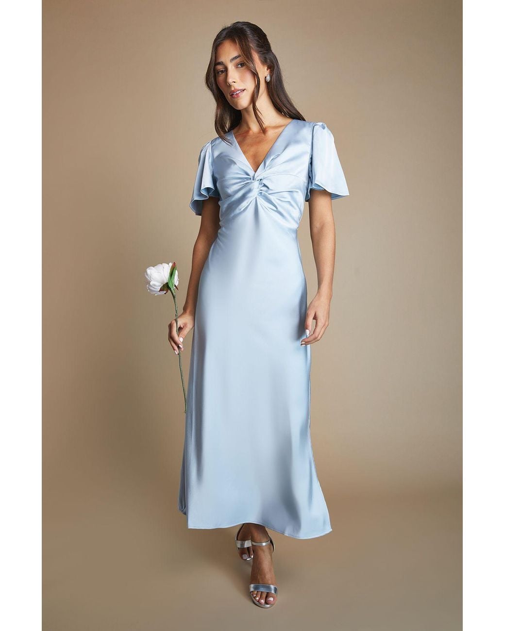 Oasis Blue Satin Twist Front Angel Sleeve Midi Bridesmaid Dress