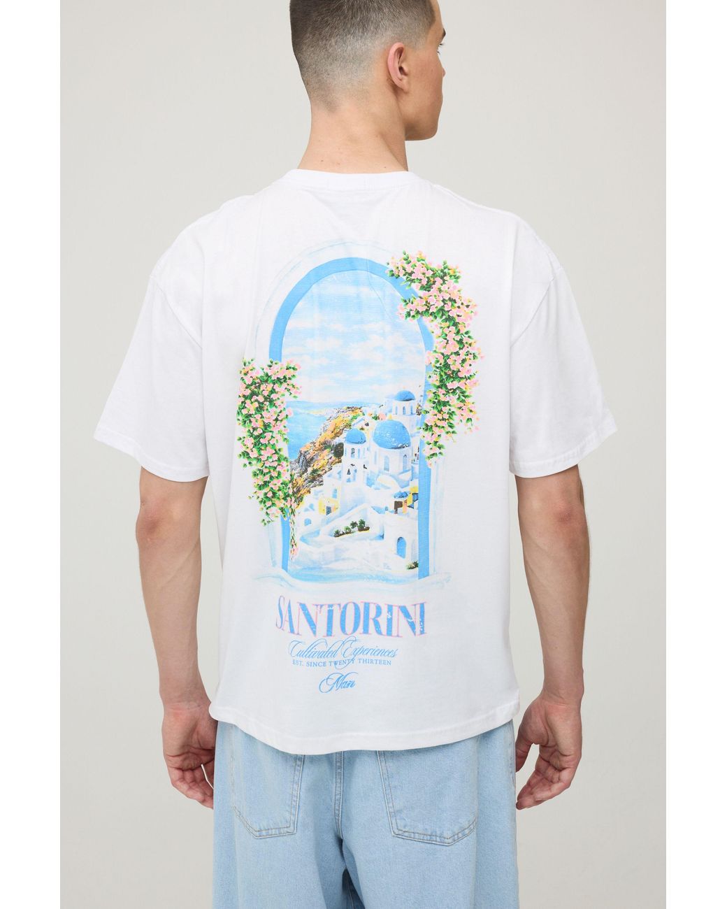 BoohooMAN Blue Oversized Santorini Print T-Shirt Cotton for men