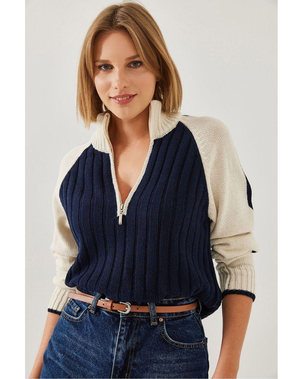 Bianco Lucci Blue Textured Acrylic Sweater With Zipper Collar