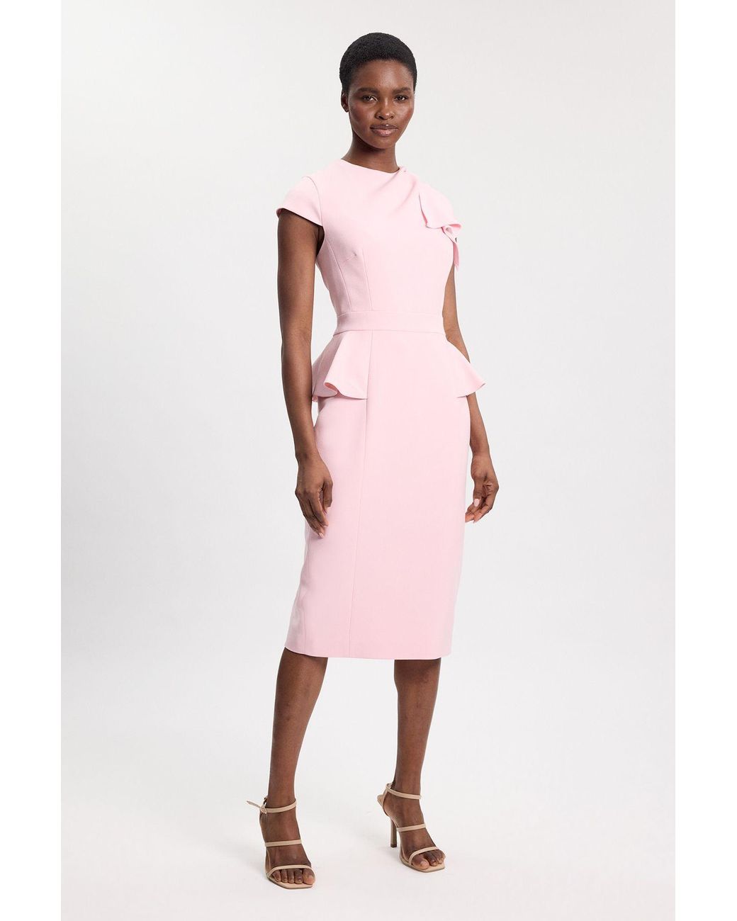 Karen Millen Pink Structured Ruched Detail Midi Dress