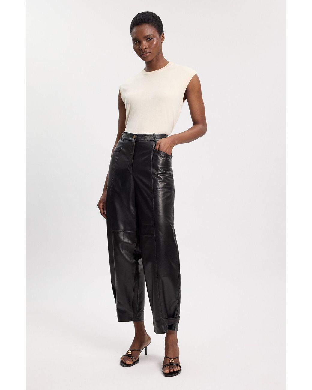 Karen Millen White Leather Barrel Leg Trouser