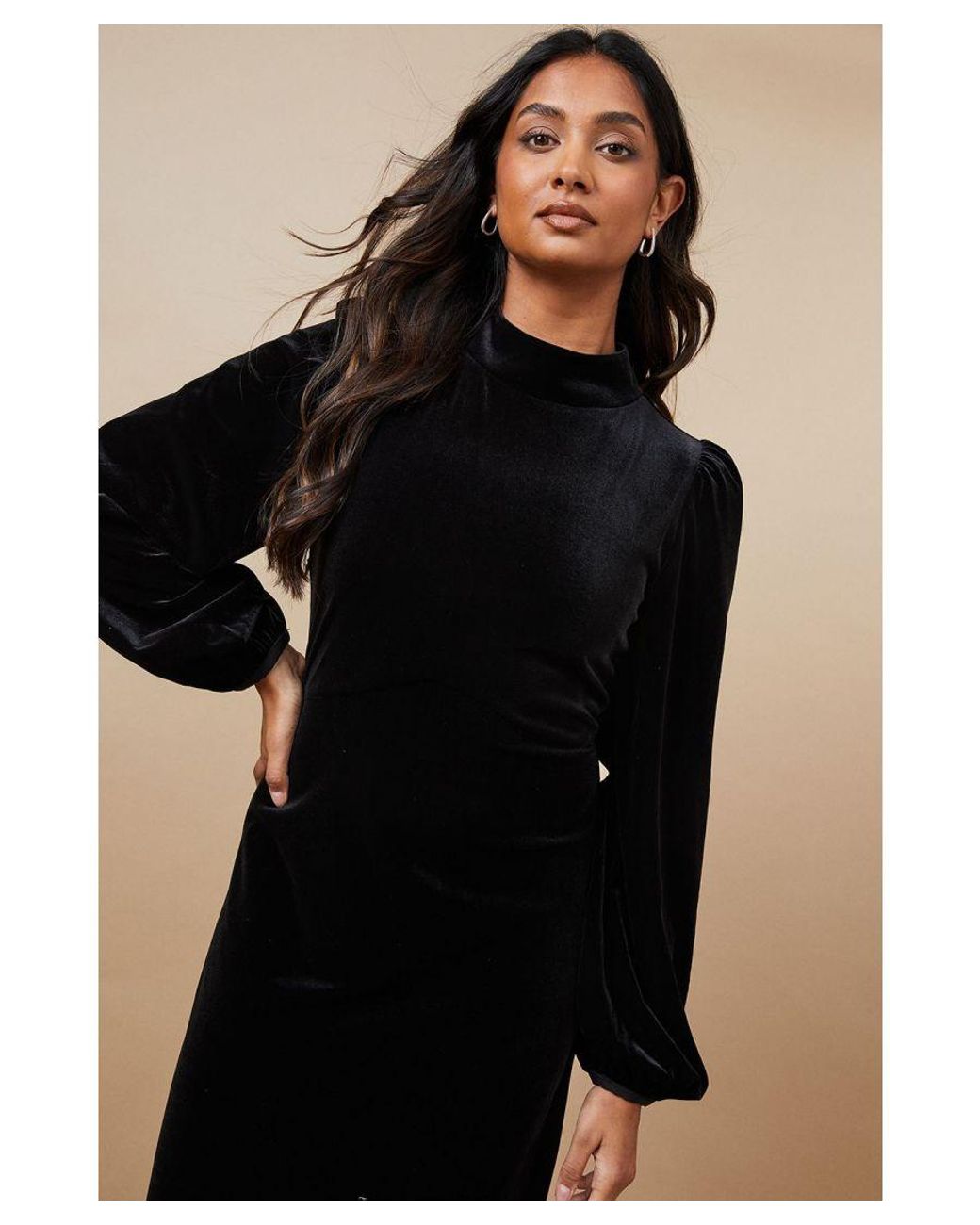 Oasis Black Occasion Velvet High Neck Midi Dress