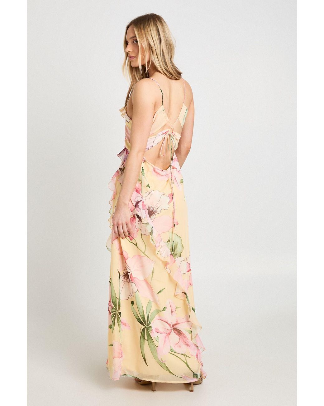 Boohoo Yellow Petite Floral Crinkle Chiffon Ruffle Maxi Dress