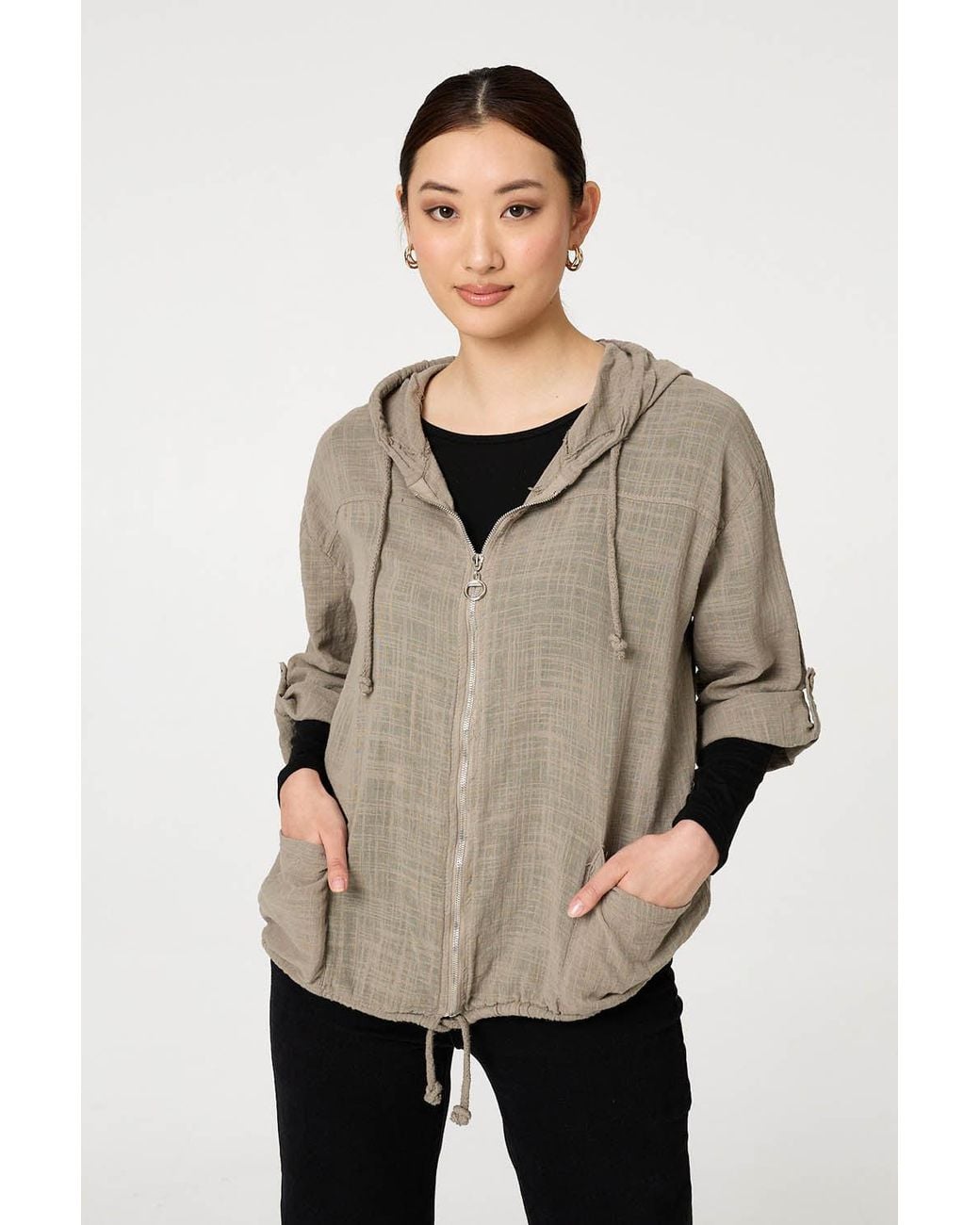 Izabel London Natural 3/4 Sleeve Hooded Zip Front Jacket