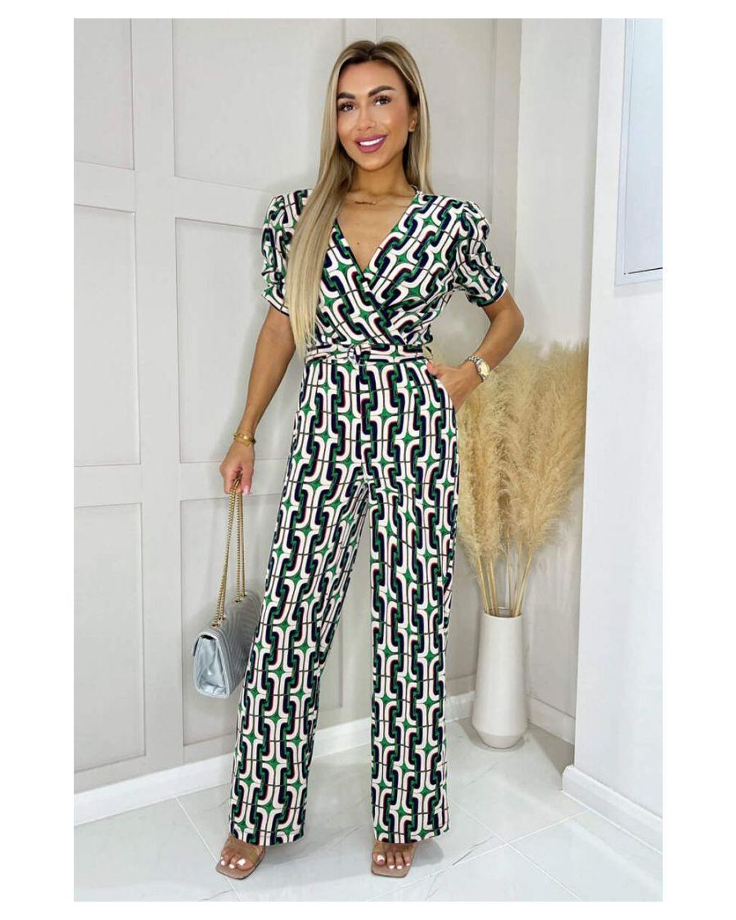 AX Paris White And Geometric Multi Printed Wrap Top Belted Jumpsuit