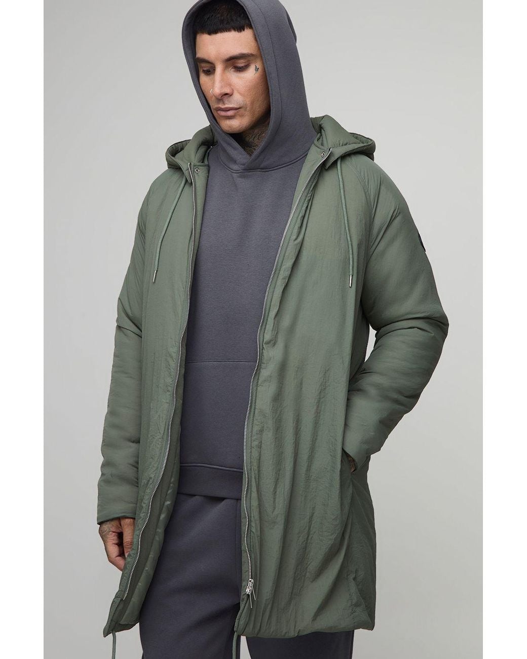 BoohooMAN Gray Tall Regular Fit Longline Hooded Zip Up Padded Parka for men