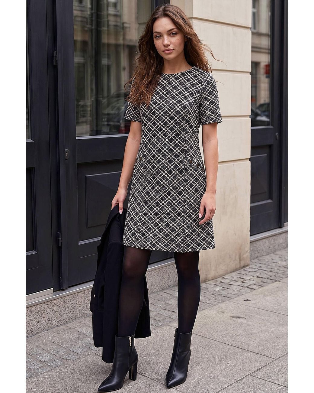 Roman Gray Petite Jacquard Dress