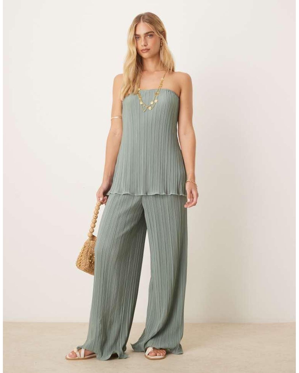 Y.A.S Green Plisse Bandeau Co-Ord With Rolled Hem Detail