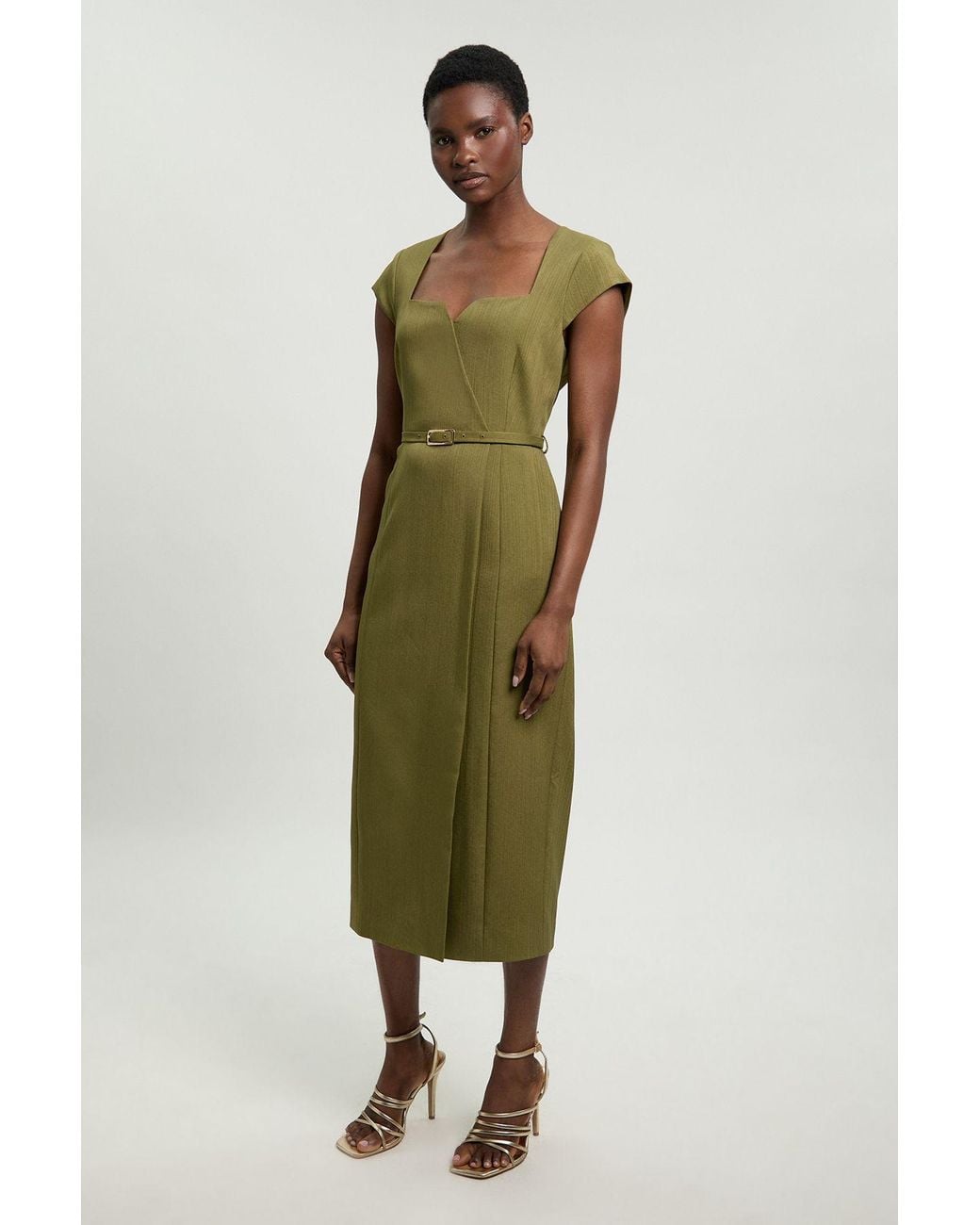 Karen Millen Green Viscose Blend Belted Square Neck Tailored Pencil Dress