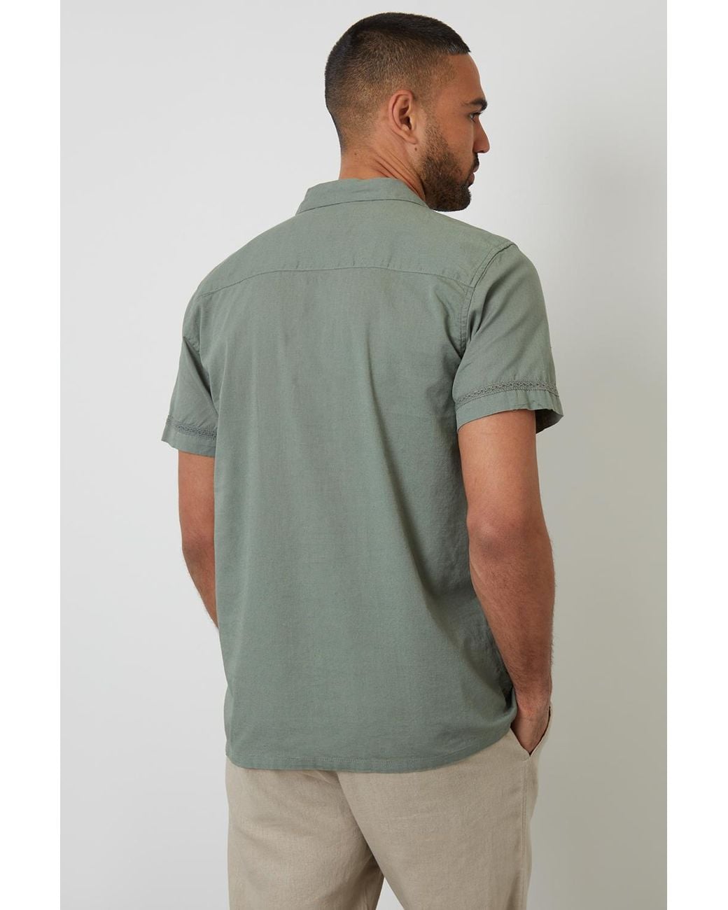 Threadbare Green Pale Cotton Crochet Lace Short Sleeve Shirt With Linen for men