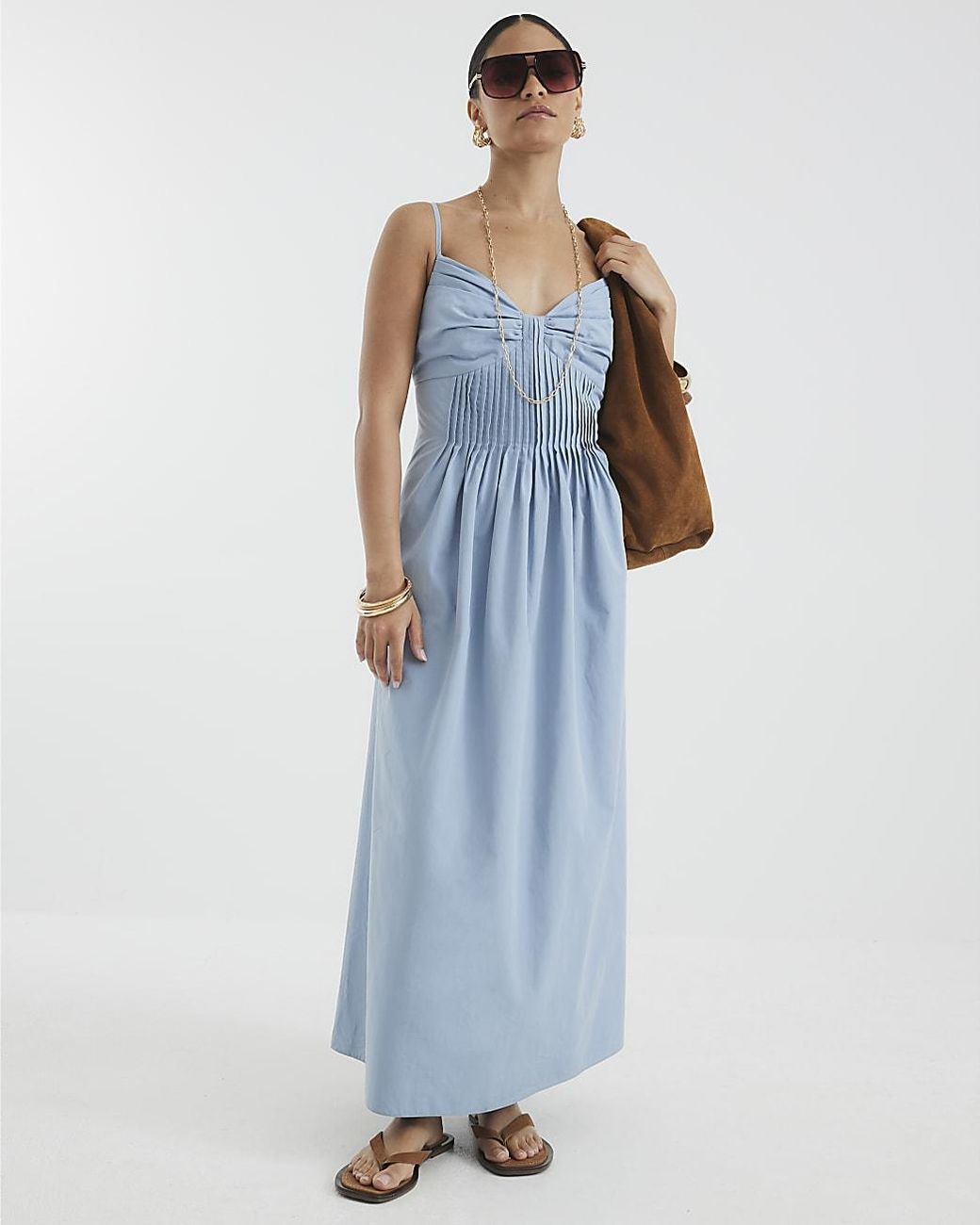 River Island Blue Midi Dress Petite Pintuck Waist V-Neck Cotton