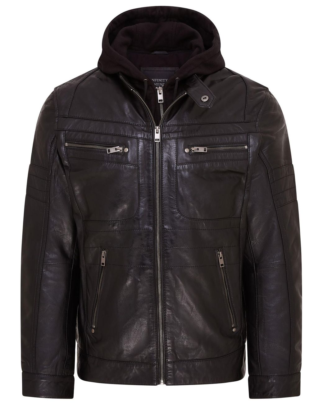 Infinity Leather Black Hooded Biker Jacket for men