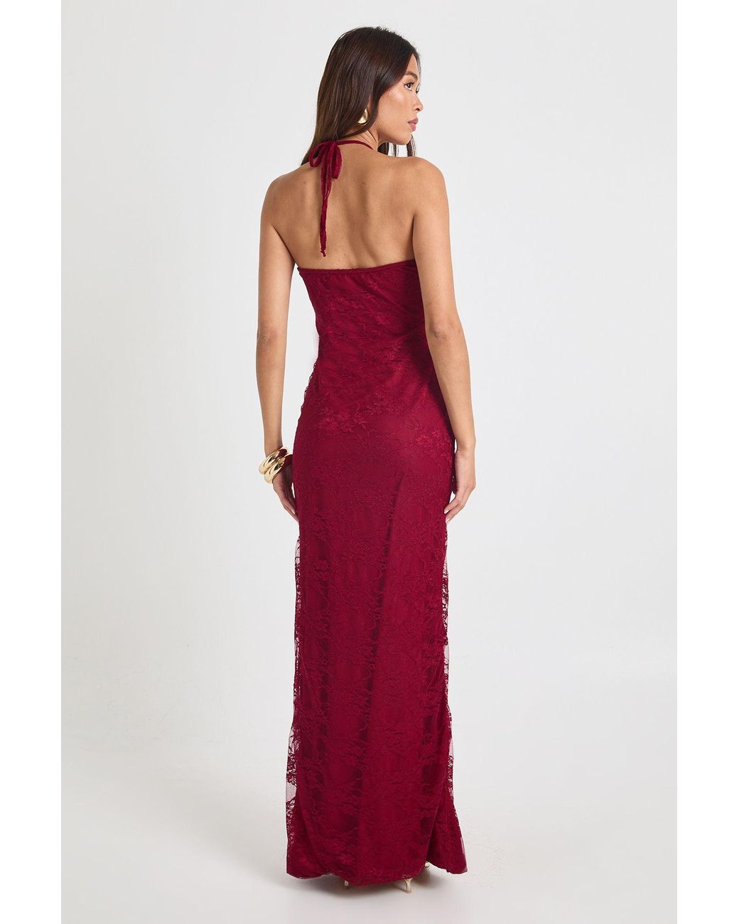 Boohoo Red Lace Halter Neck Maxi Column Dress