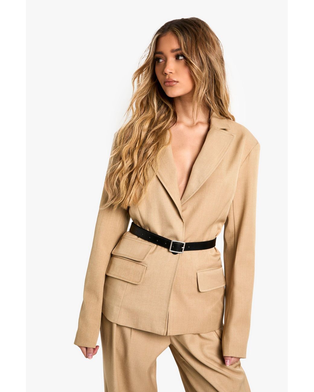 Boohoo Natural Marl Tailored Belted Single Breast Blazer