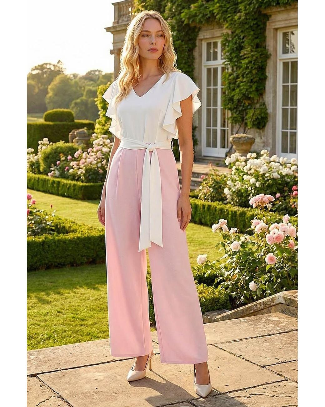 Roman Pink Colour Block V-Neck Stretch Jumpsuit