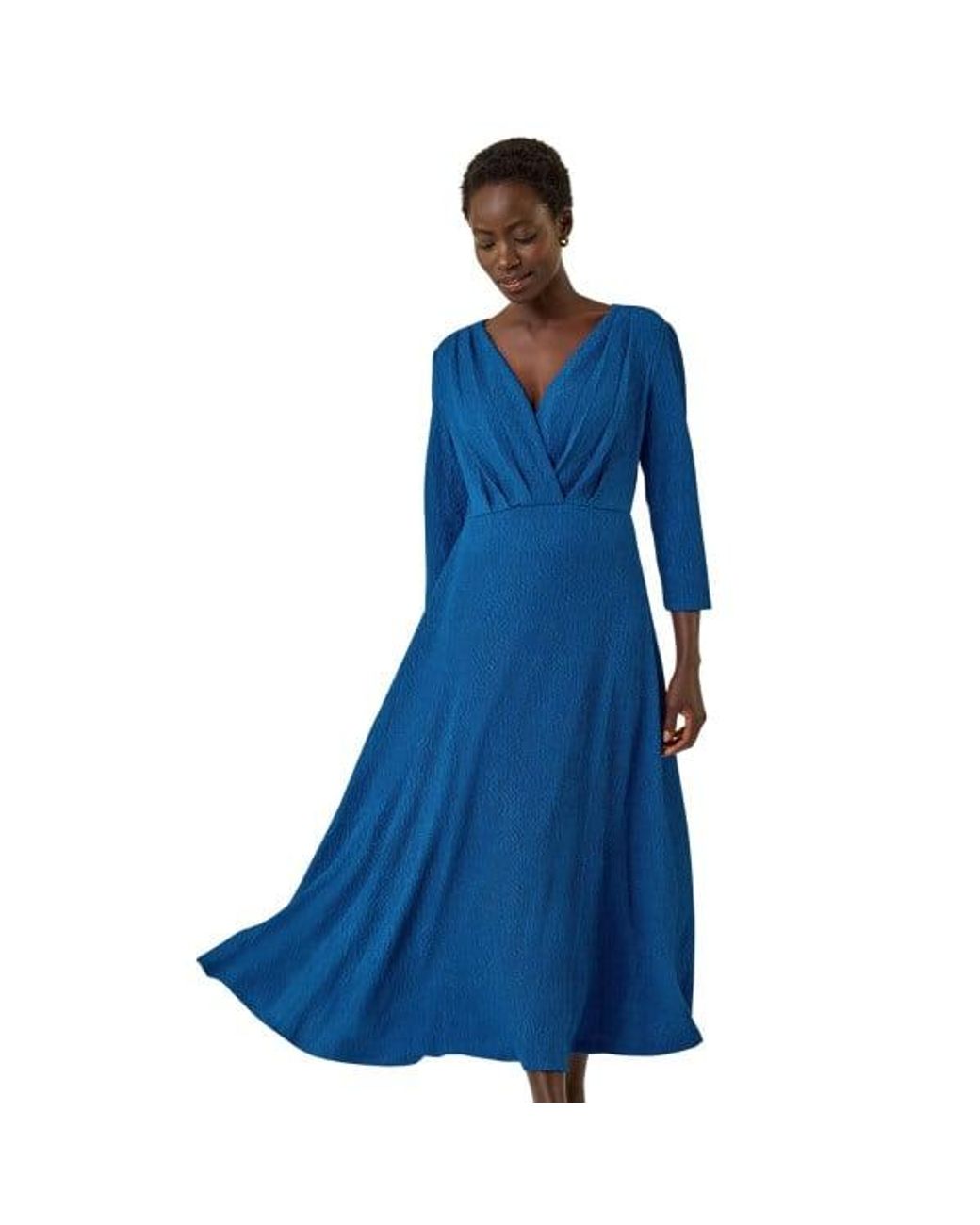 Roman Blue Textured Wrap Midi Dress