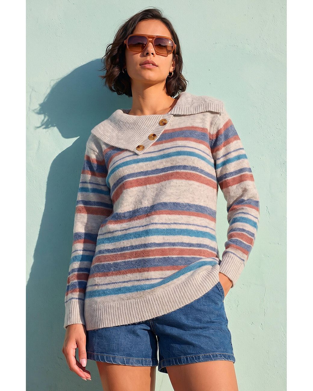 Roman Gray Cowl Neck Stripe Jumper