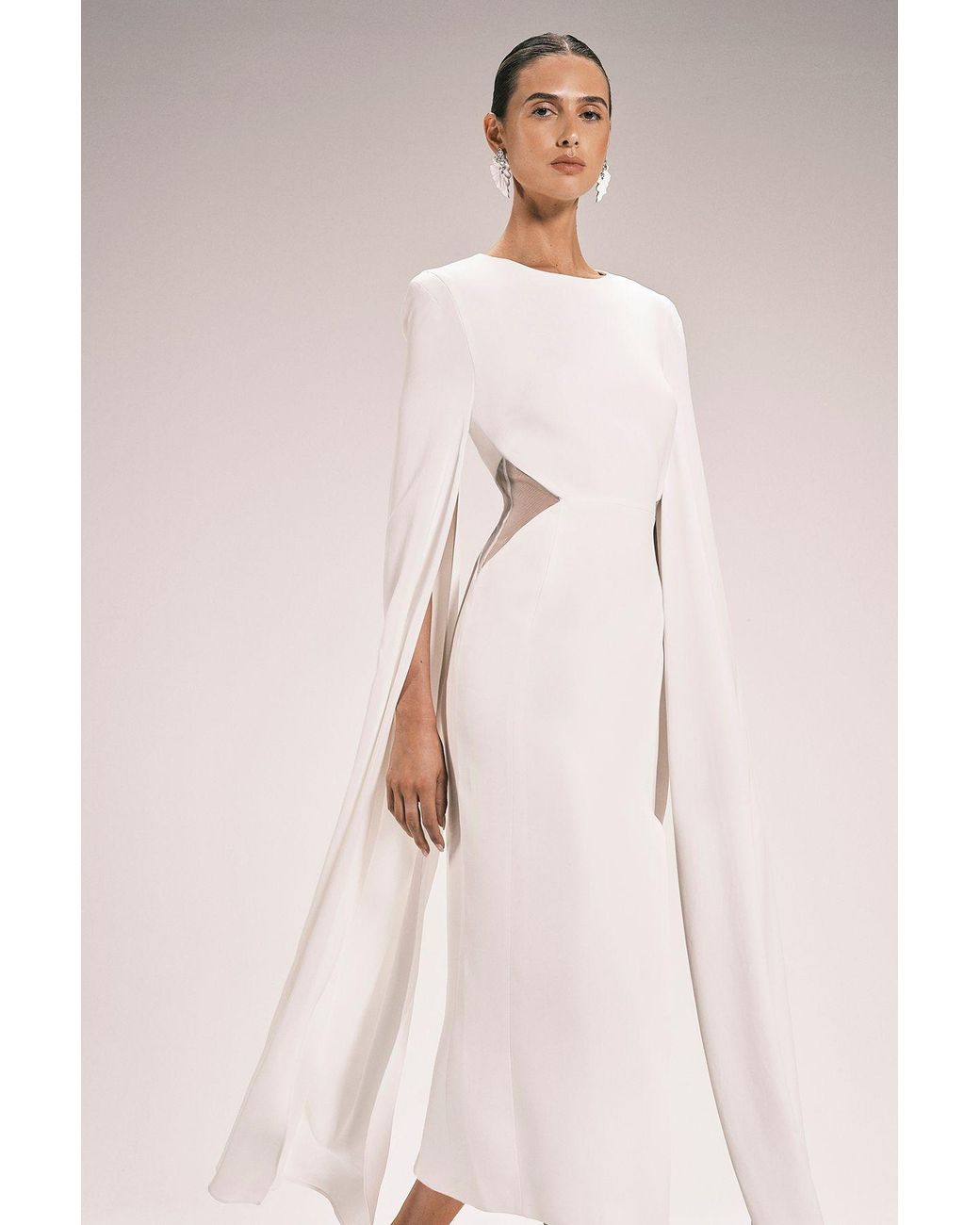 Karen Millen Natural Tailored Compact Stretch Viscose Cape Mesh Panel Midi Dress