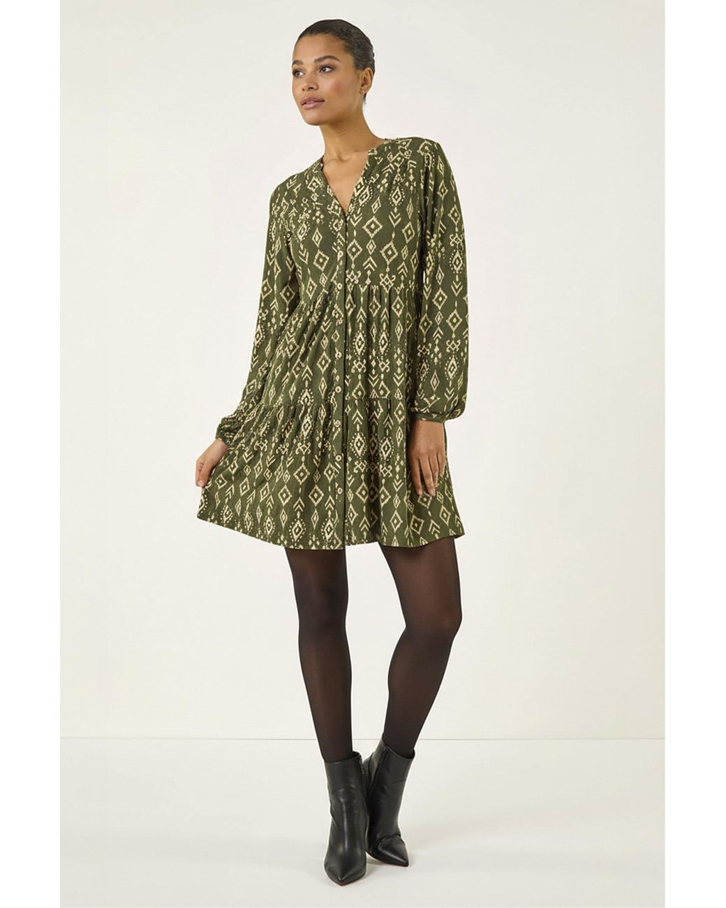 Roman Green Aztec Print Button Stretch Swing Dress