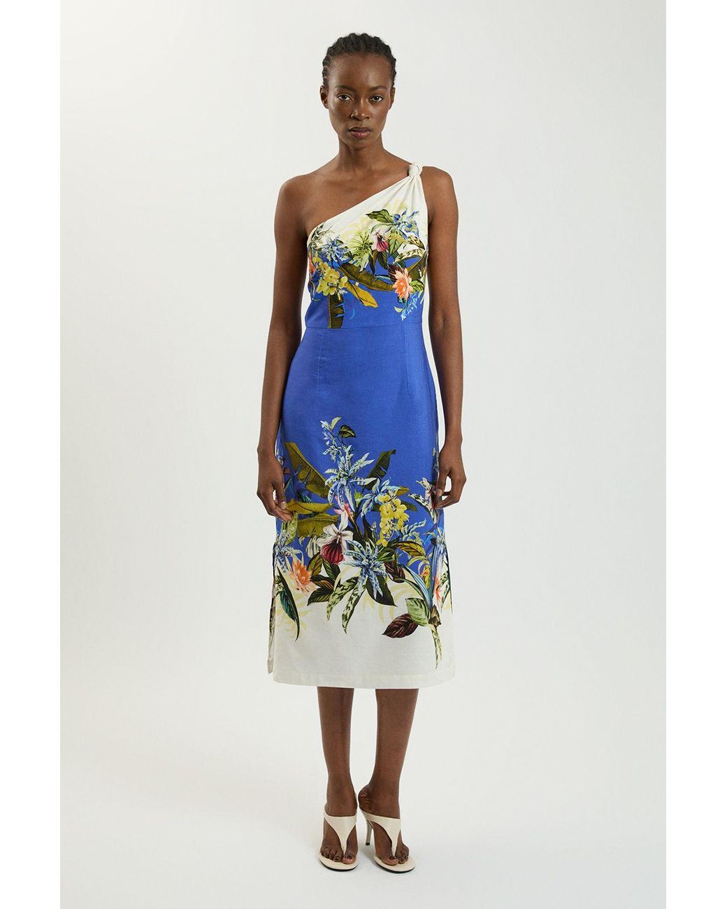 Karen Millen Blue Placement Print Linen Viscose One Shoulder Midi Dress