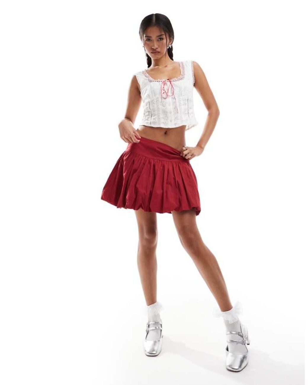 Motel Red Kiyowo Puffball Cotton Mini Skirt
