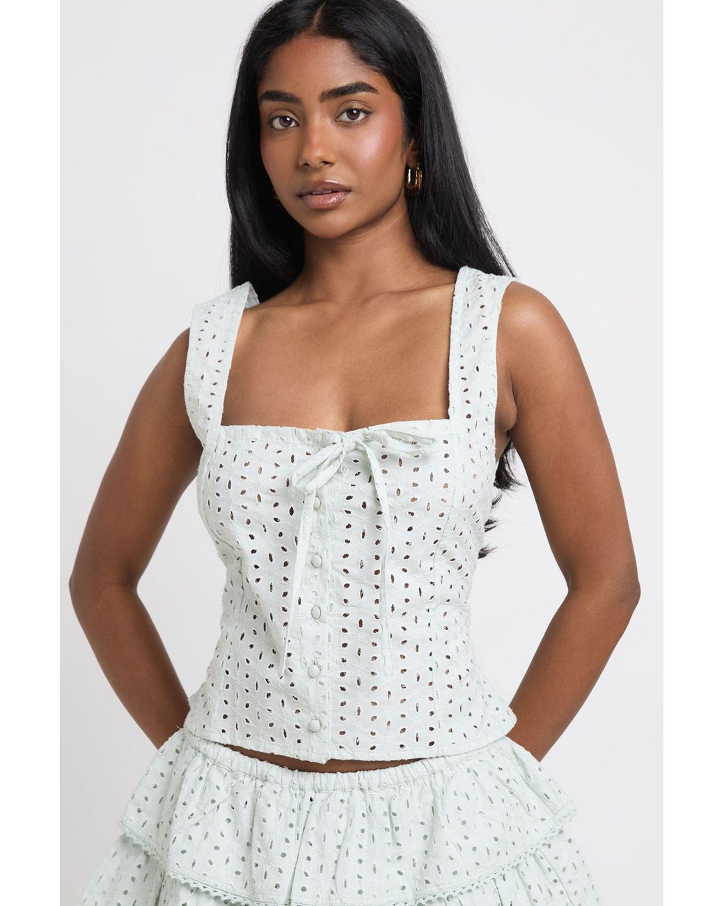 Boohoo White Broderie Tie Front Square Neck Corset Top