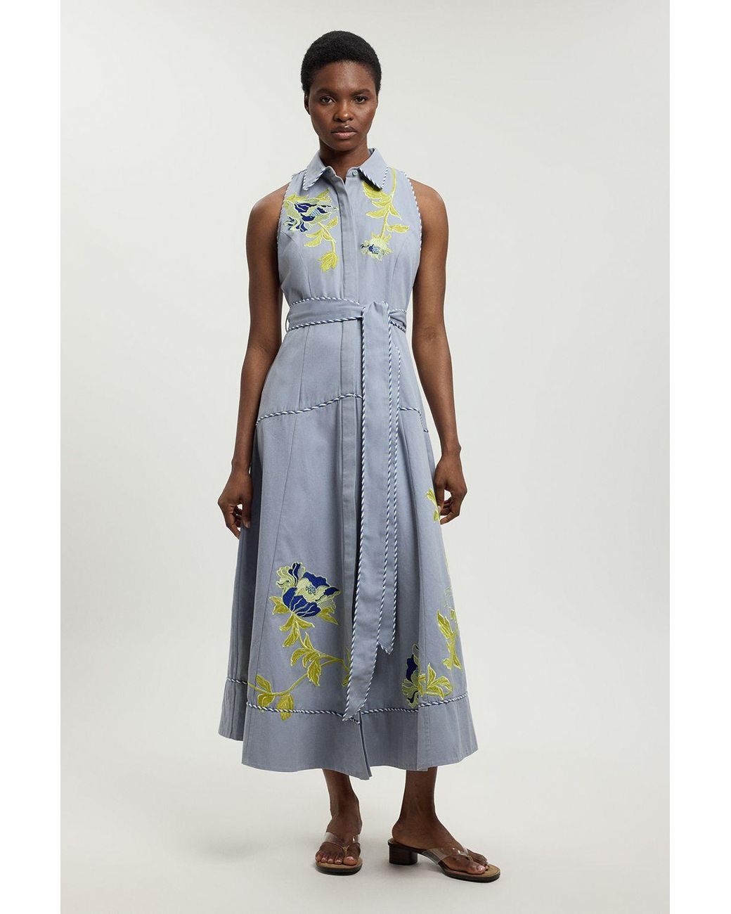 Karen Millen Blue Floral Applique Belted Midi Dress