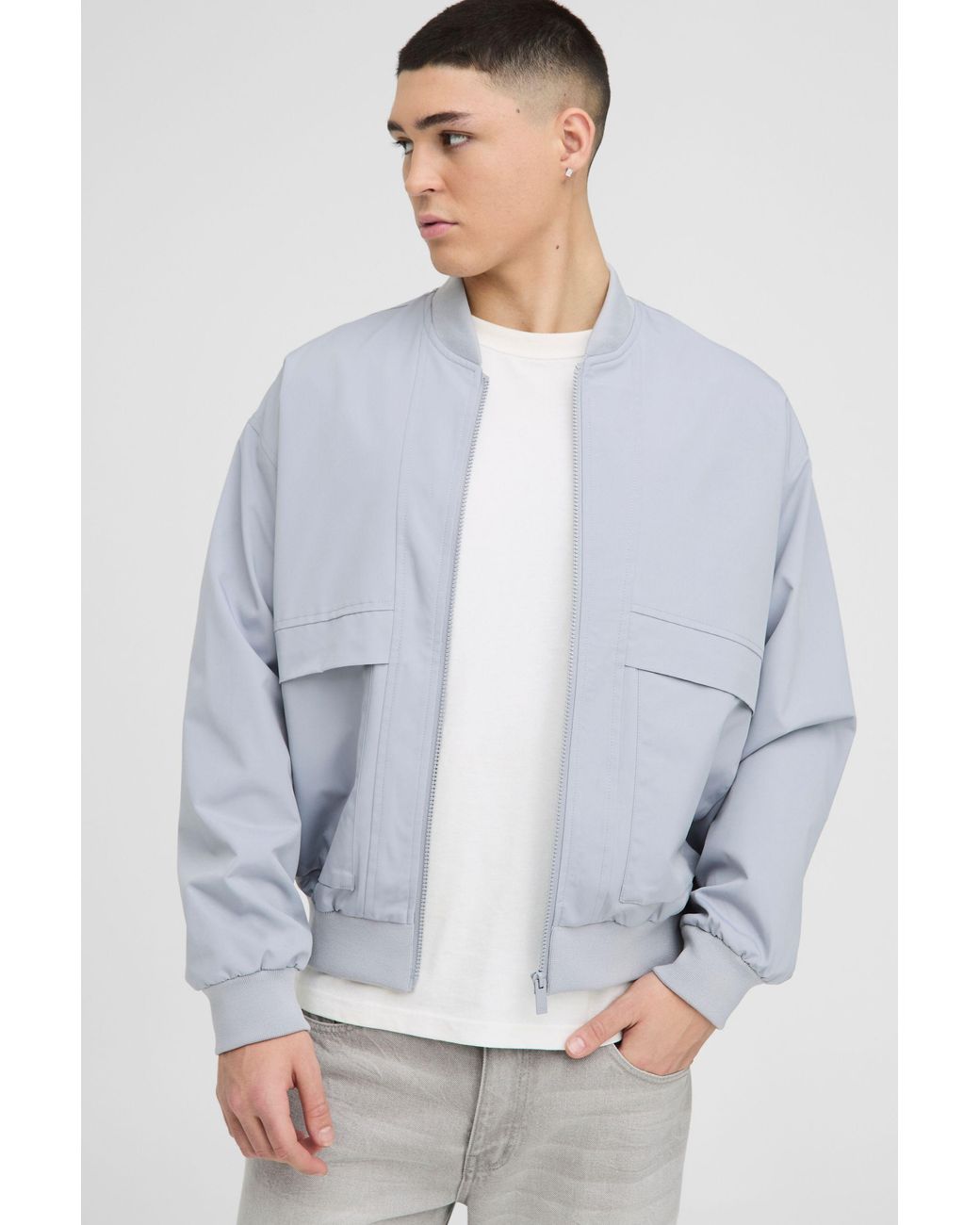 BoohooMAN Gray Oversized Boxy Seam Detail Nylon Bomber Jacket for men
