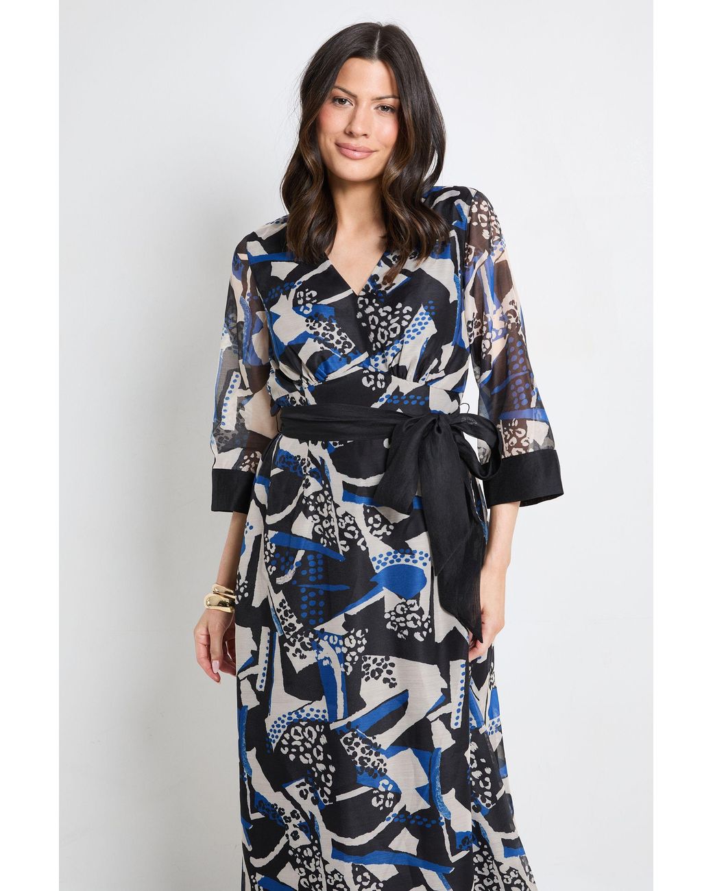 PRINCIPLES Blue Mix Print Organza Belted Midi Dress