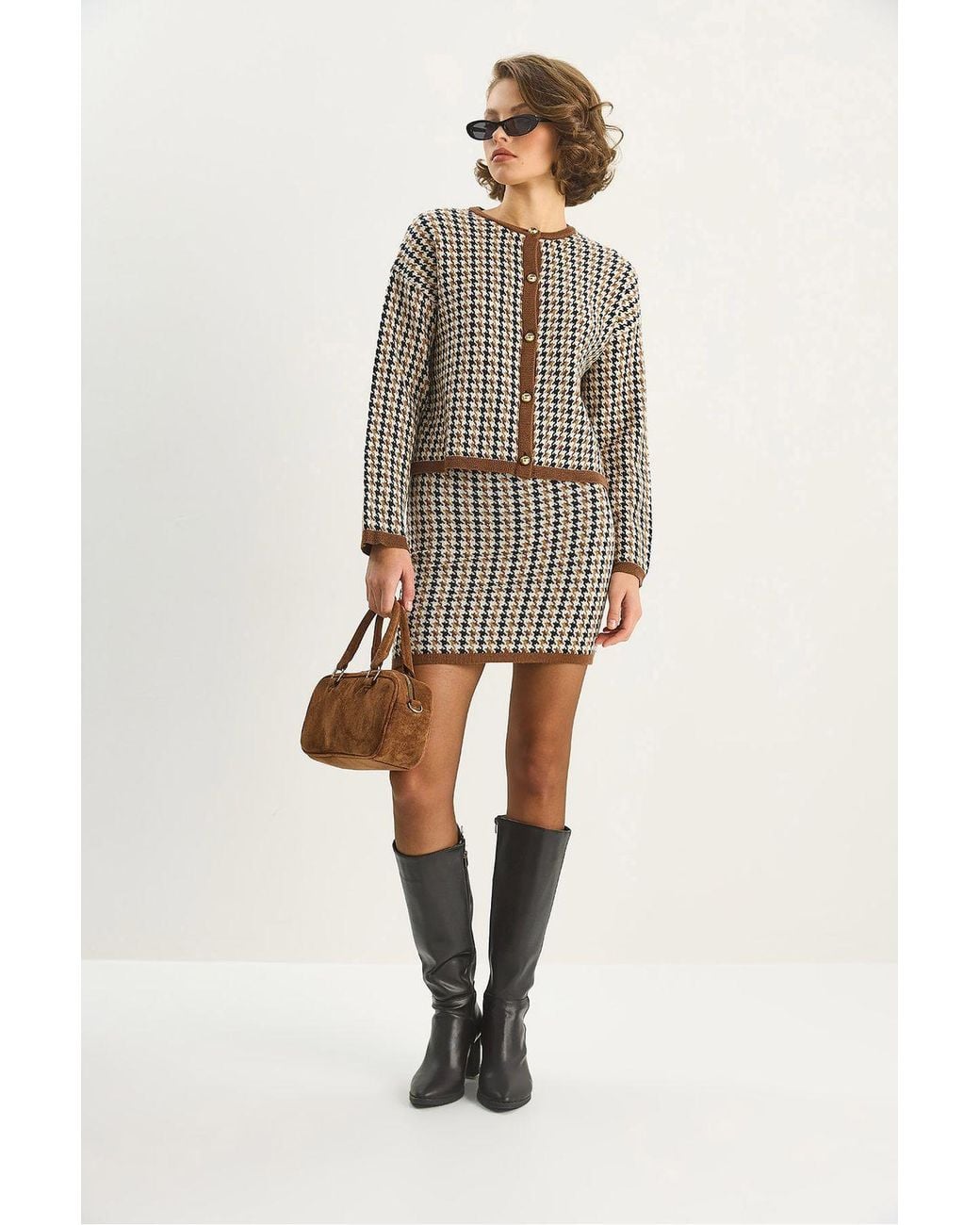 Bianco Lucci Multicolor Crowbar Patterned Knitwear Two-Piece Set With Cardigan And Skirt
