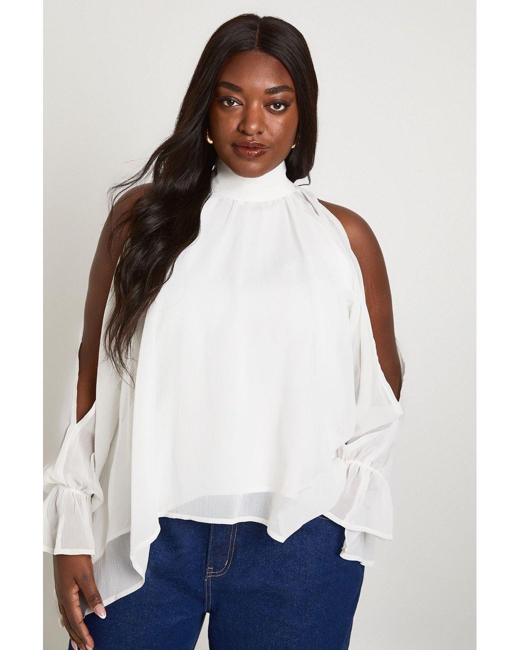 Boohoo White Plus Chiffon Halterneck Long Sleeve Draped Blouse
