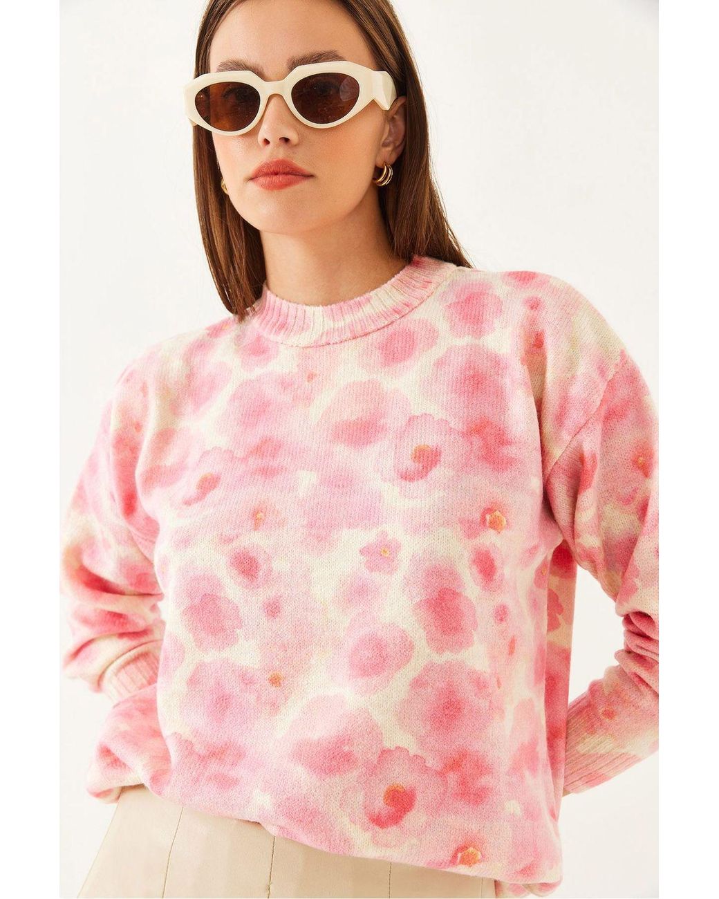 Bianco Lucci Pink Pattern Knit Sweater With Crew Neck