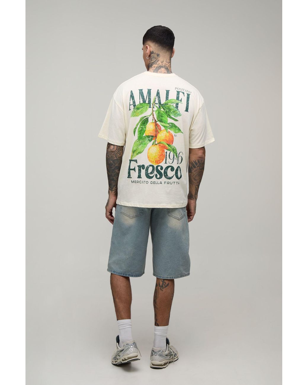 BoohooMAN Gray Tall Oversized Amalfi Lemon Print T-Shirt for men