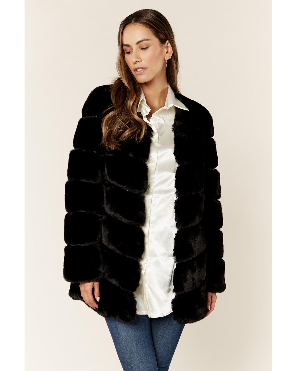 Gini London Black Diagonal Cut Faux Fur Long Sleeve Jacket