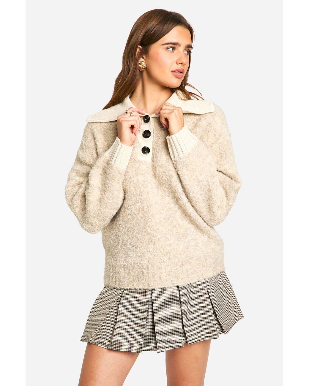 Boohoo Natural Knitted Oversized Rib Collar Button Up Jumper