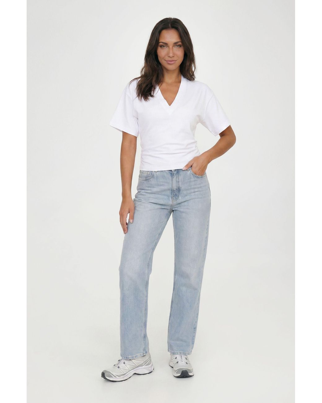 Boohoo Blue Petite V-Neck Cinched Waist T-Shirt