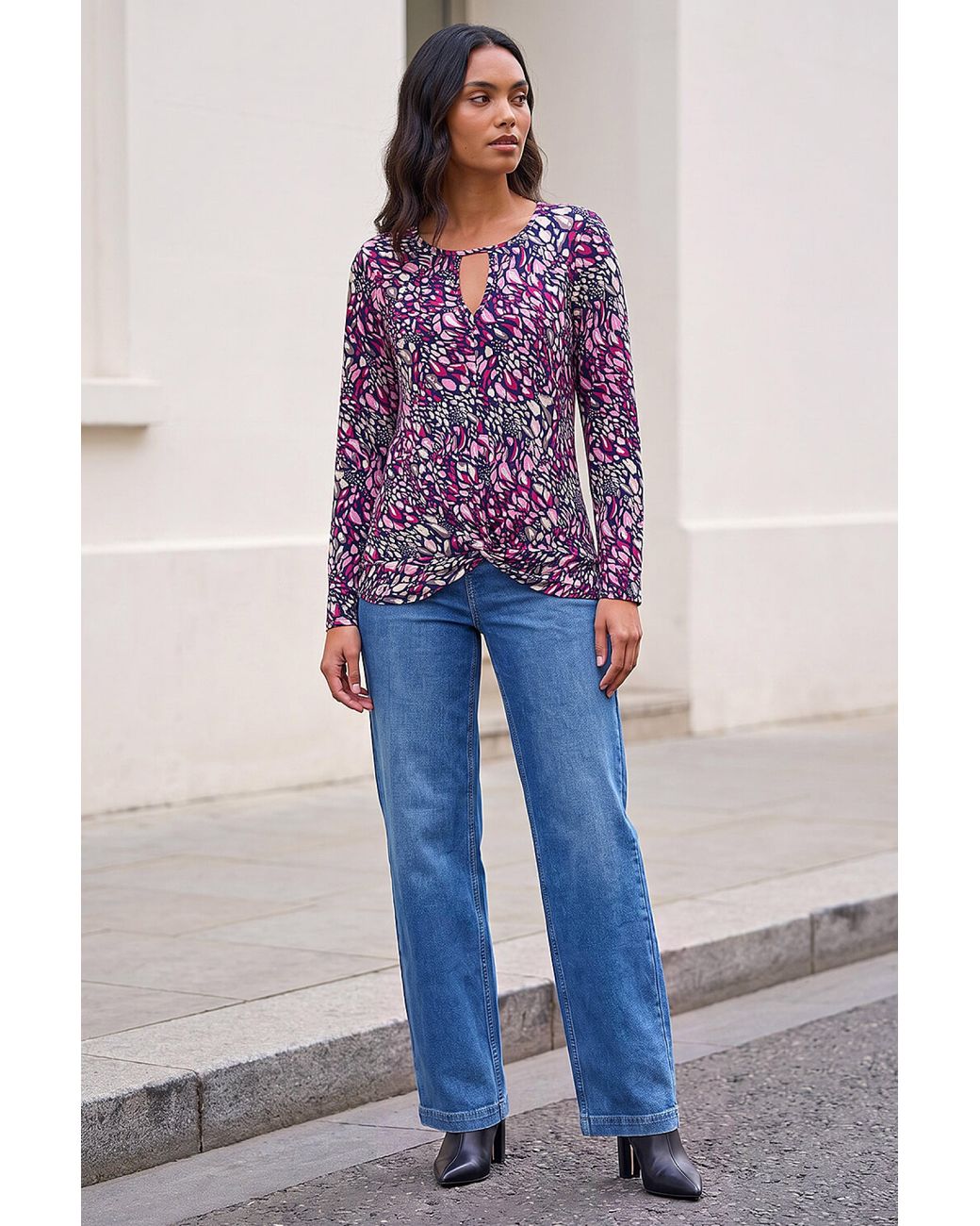 Roman Purple Abstract Puff Print Twist Hem Top