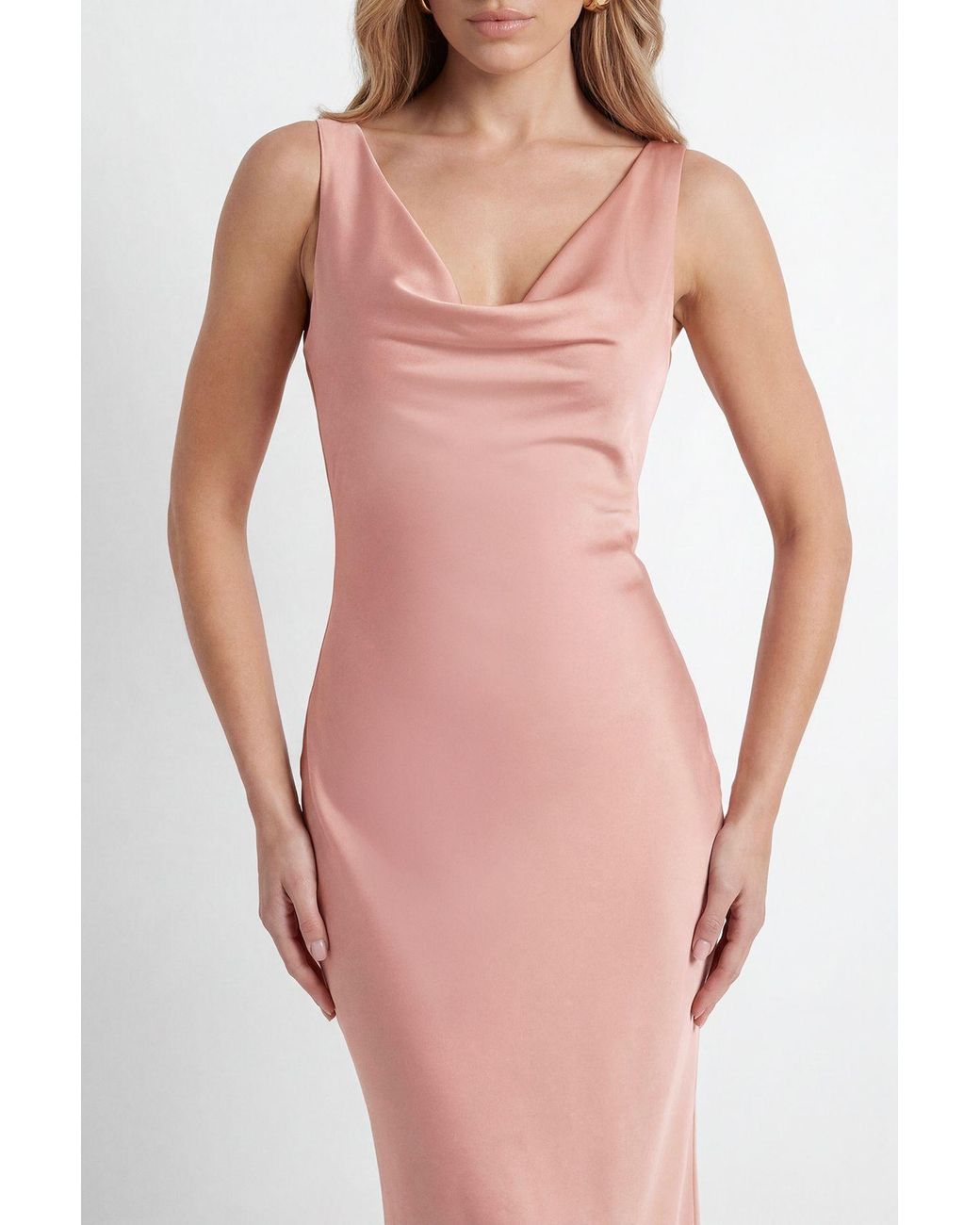 MissPap Natural Premium Satin Cowl Neck Fishtail Maxi Bridesmaid Dress