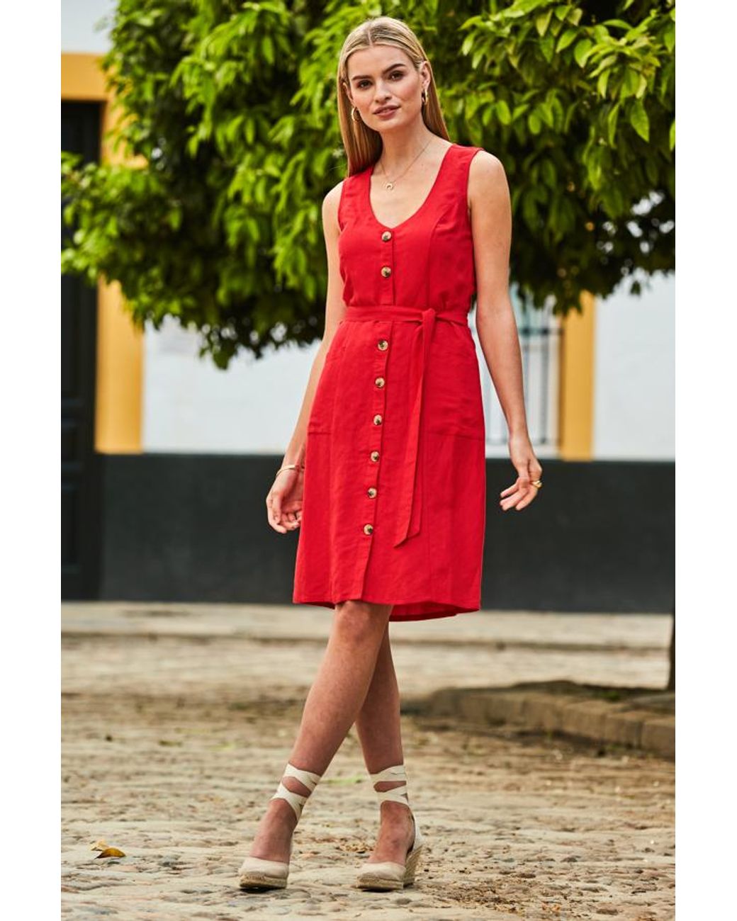 Sosandar Green Button Front Belted Linen Dress