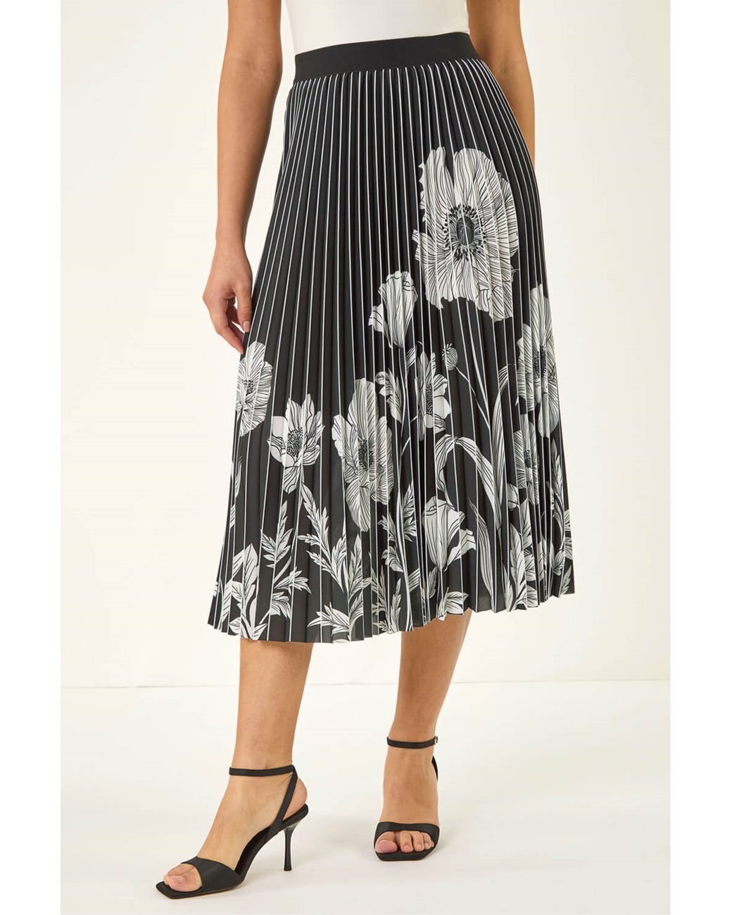 Roman Black Floral Print Pleated Midi Skirt