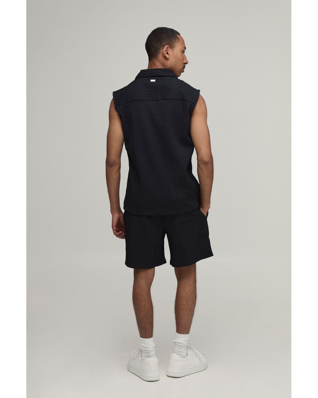 BoohooMAN Blue Textured Pleated Regular Fit Sleeveless Shirt & Short Set for men