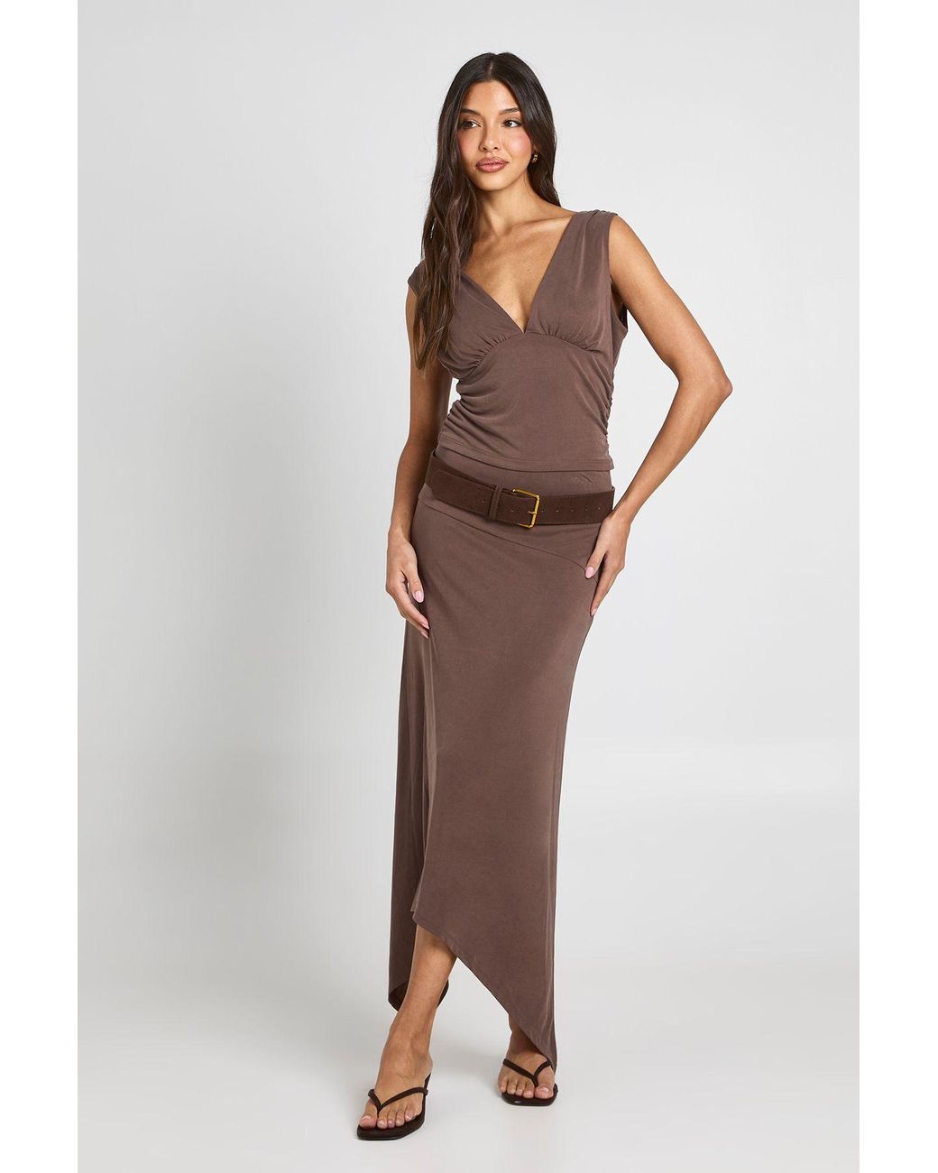 Boohoo Brown Cupro Hanky Hem Midaxi Skirt