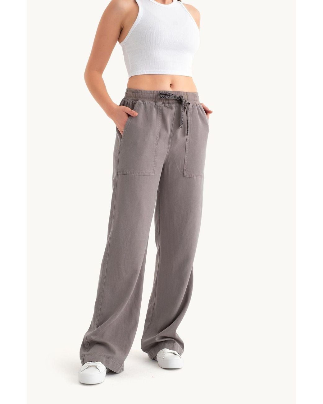 Hiccup Gray Mid Rise Drawstring Wide Leg Trousers With A Pocket Detail