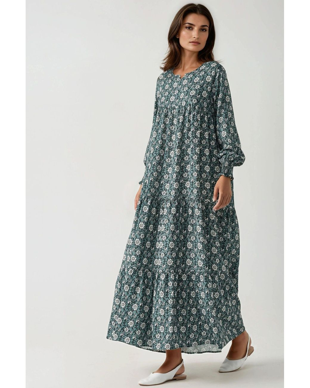 Hiccup Blue Printed Crew Neck Viscose Maxi Dress