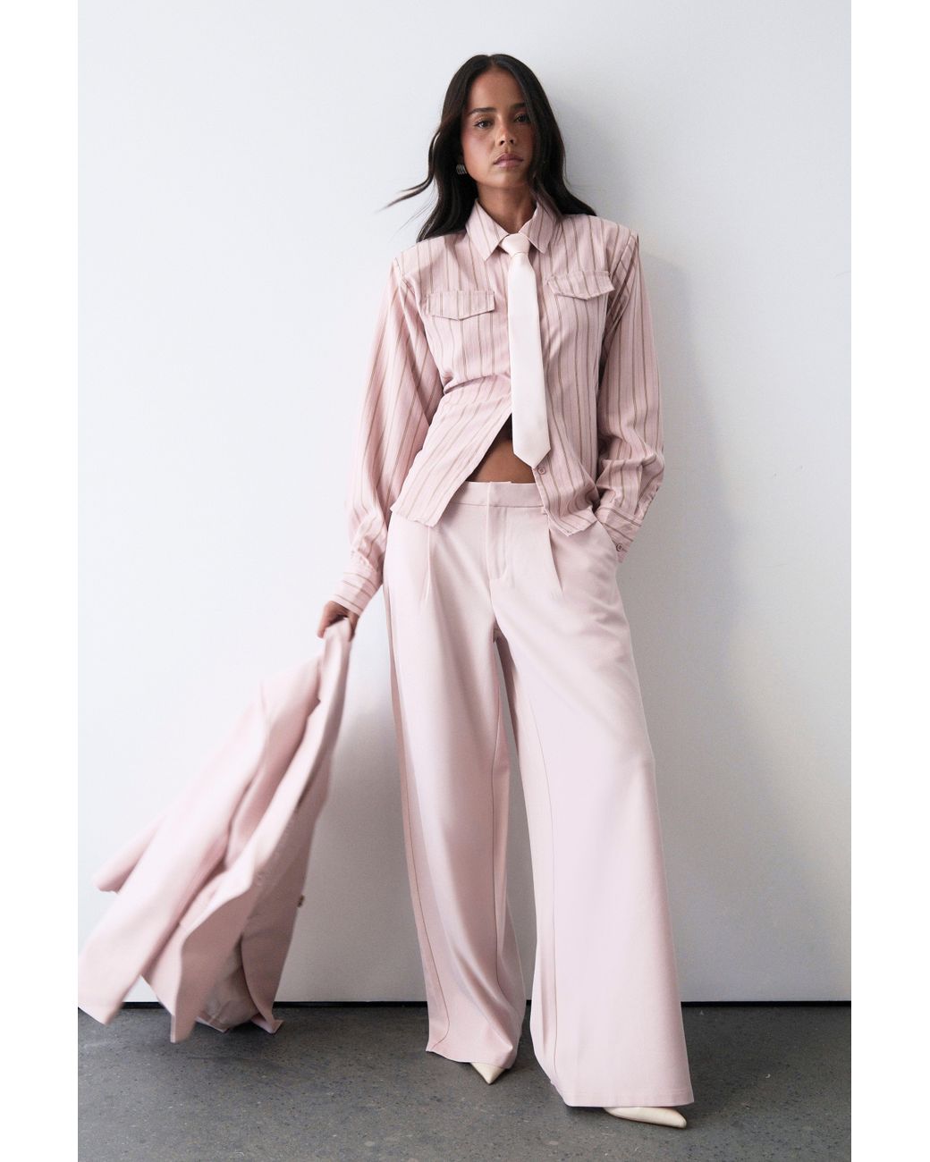 Boohoo Pink Pleat Front Wide Leg Tailored Trousers