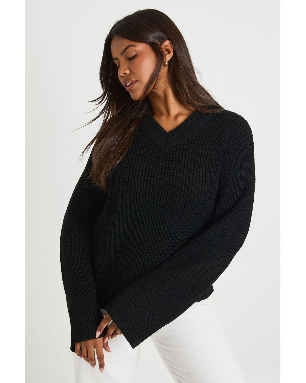 Boohoo Black V Neck Chunky Knitted Sweater